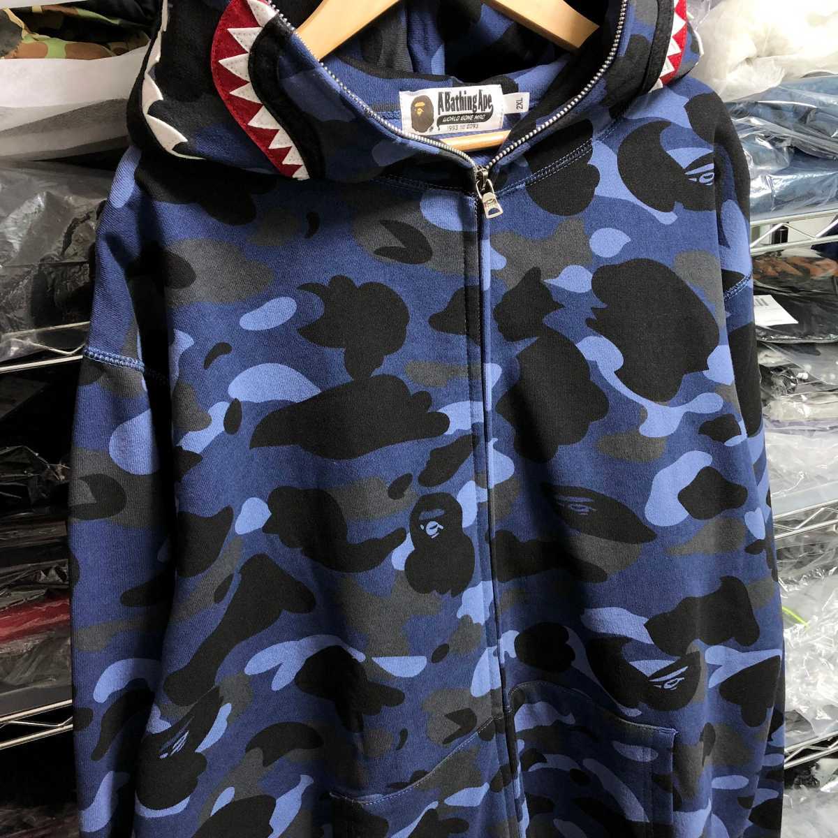 XXL 超美品 BAPE a bathing ape COLOR CAMO SHARK FULL ZIP HOODIE BLUE ア ベイシング エイプ カモ シャークパーカー 青 迷彩 猿 カモフラ_画像6