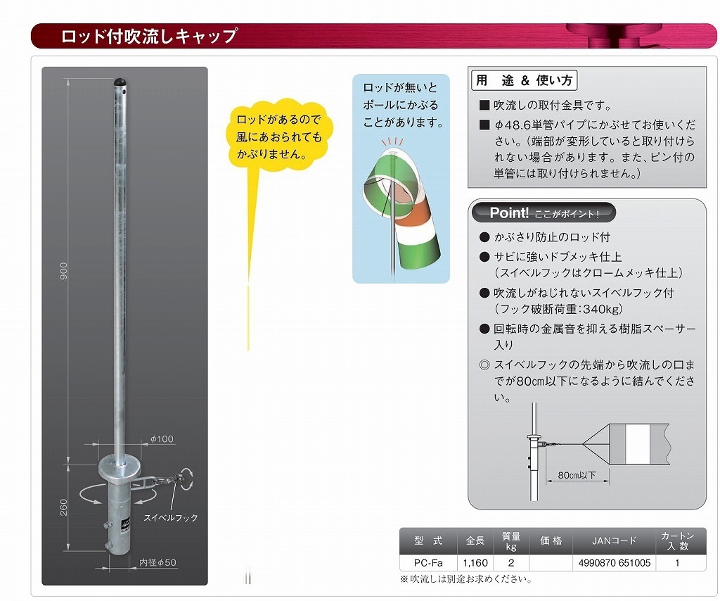 1ロ【新潟＃15セミ030902-1W1】吹流し取付キャップ ポール PC-Fa ワンツースリー ロッド付_画像1