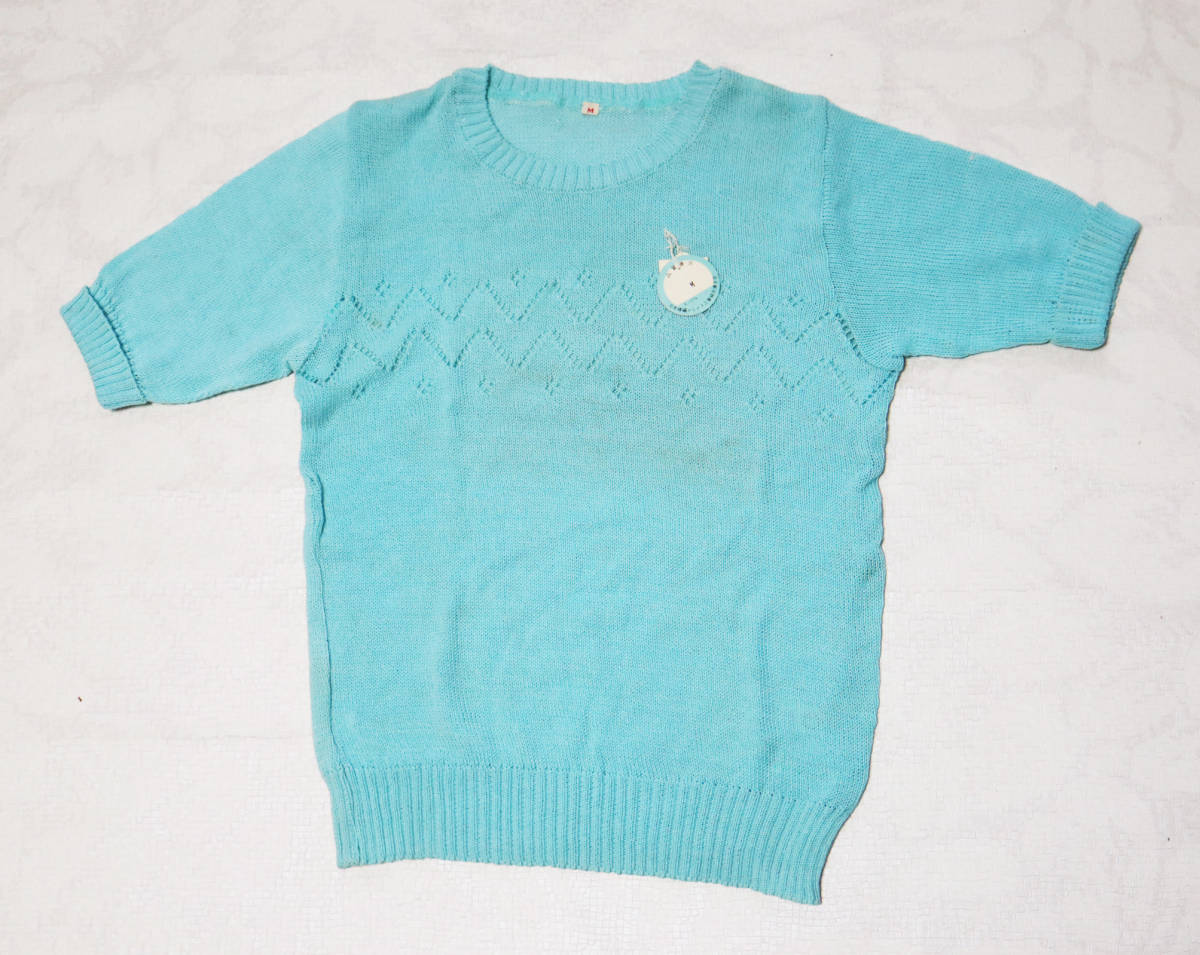 2056 Showa Retro girl spring for summer short sleeves knitted 150. light blue blue child ..... equipped dead stock stock disposal 
