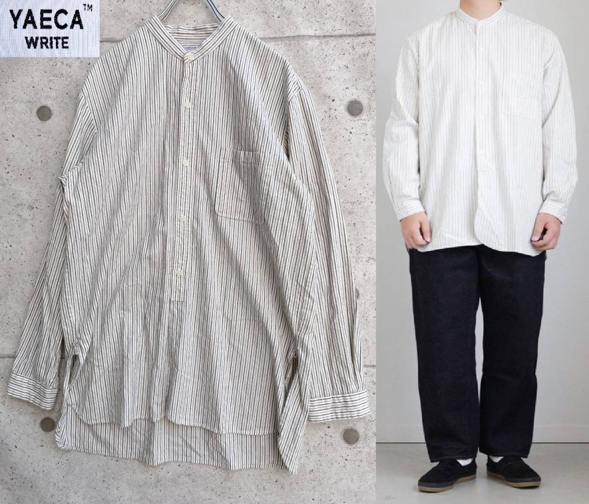 美品 定価28 600円 YAECA ヤエカ BUTTON SHIRT STAND COLLAR P/O LONG ストライプ スタンドカラー オーバーサイズ 長袖シャツ size L 49106
