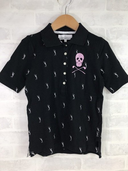 T-LINE 半袖 ポロシャツ ゴルフウェア トップス スカル刺繍 ブラック×ピンク SIZE:M LH632022052010_画像1