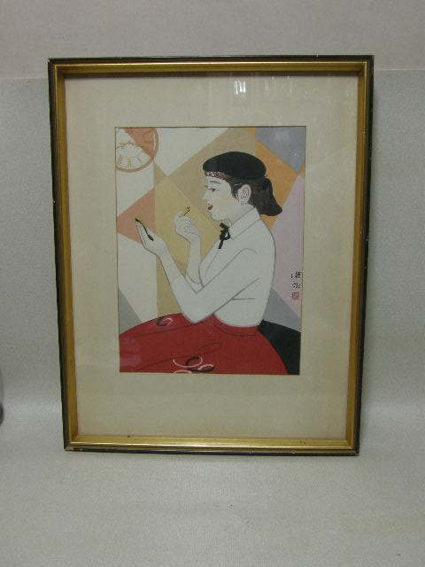 堀田時計店 伊東深水「赤と白」 木版画 サイン・落款 昭和44年作 堀田時計店 伊東深水「赤と白」 木版画 サイン・落款 昭和44年作