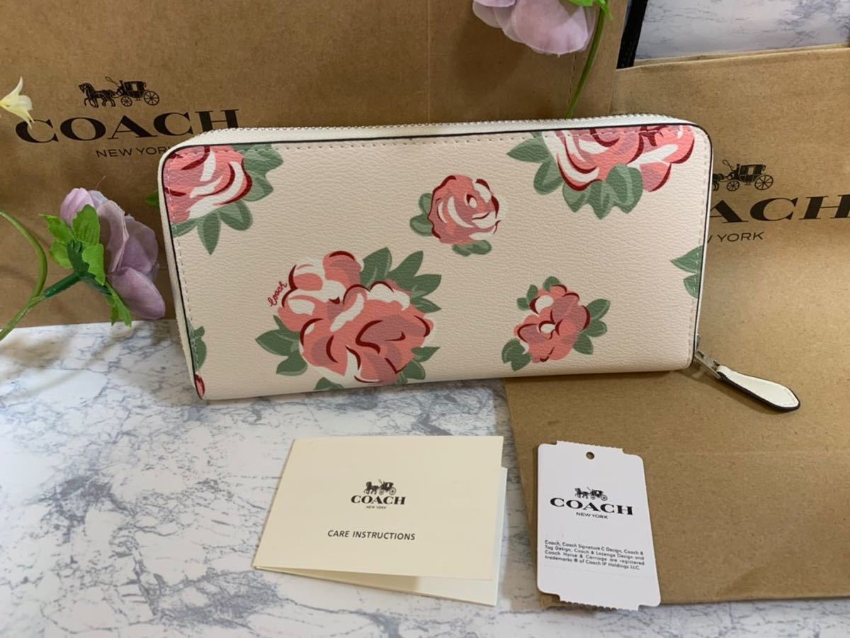 新品 未使用 COACH コーチ 長財布 ホワイト 花柄 バラ ローズ