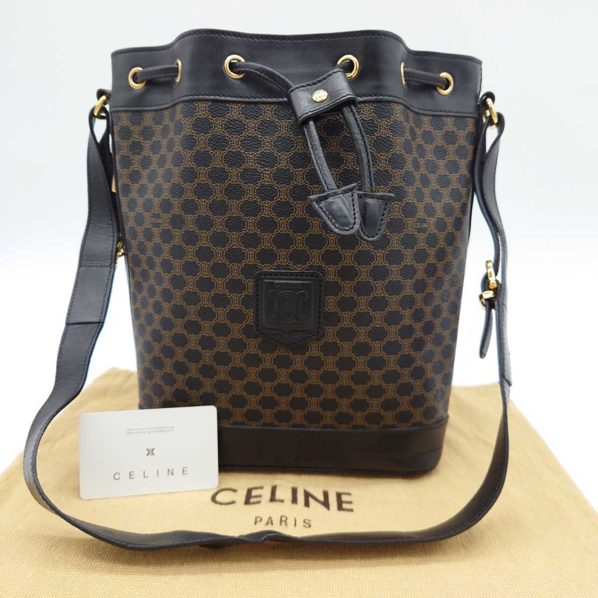 1円 【極美品・最高級】 CELINE セリーヌ ブラック マカダム トリオンフマーク ロゴマーク PVC レザー 巾着 ショルダーバッグ 男女兼用_画像1