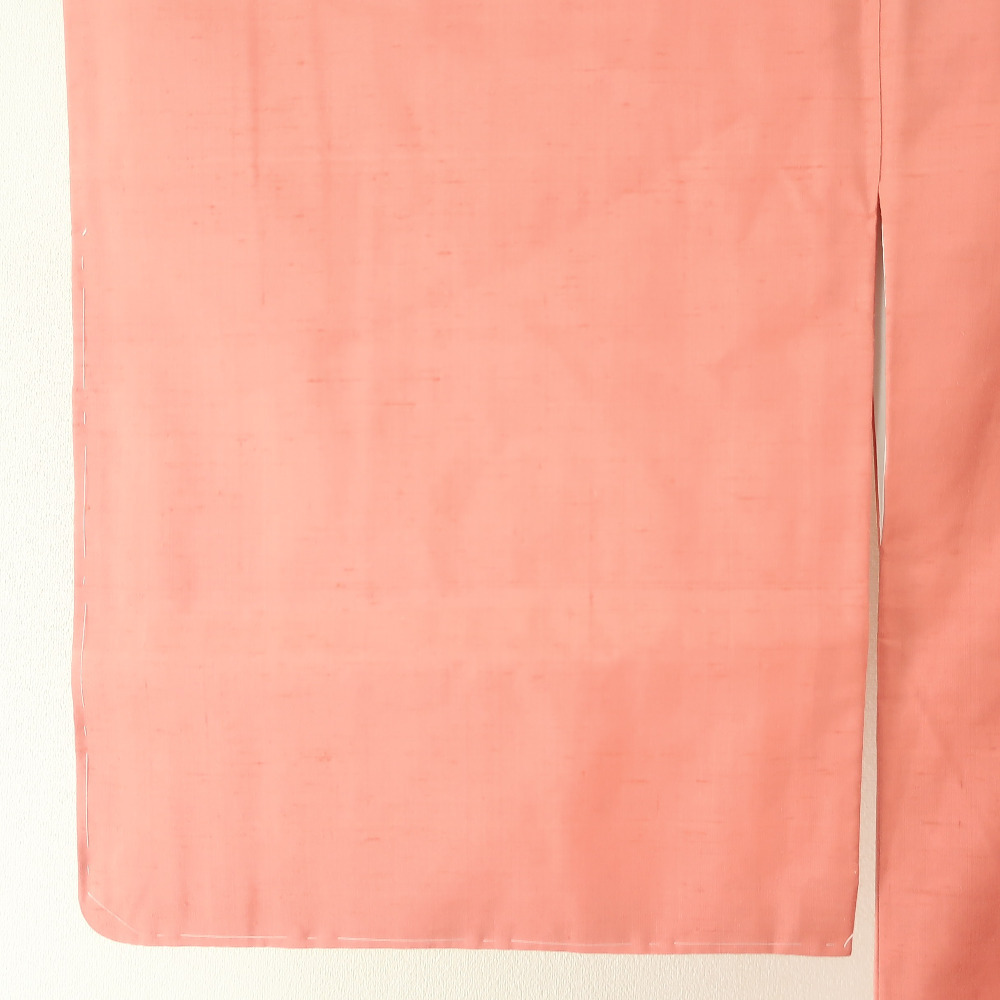 色無地 紬地 一つ紋 抱き柏紋 袷 広衿 赤橙色 正絹 仕立て上がり着物 身丈158cm_画像8