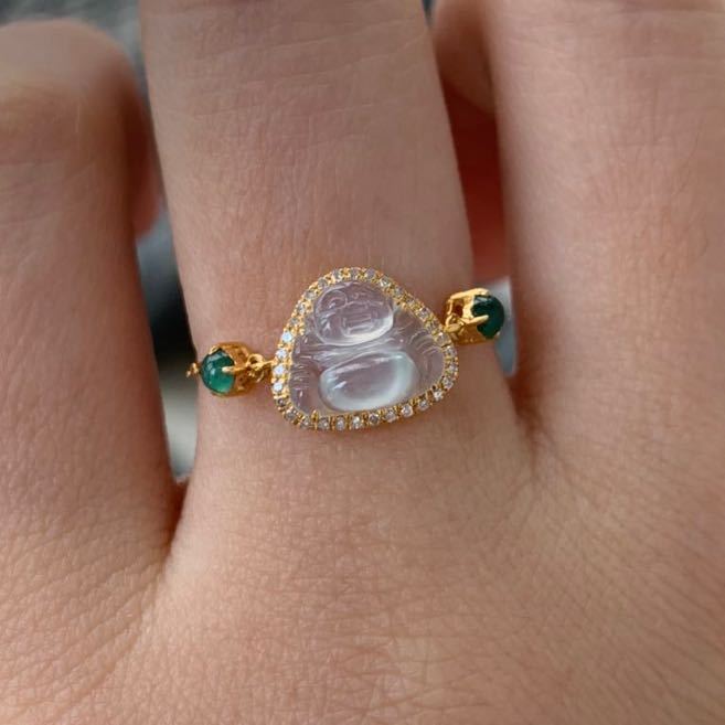 本翡翠リング　指輪　超高品質　高品質　高氷ヒスイ　k18 ダイヤモンド　魔除け　布袋様　一点物　お買い得品