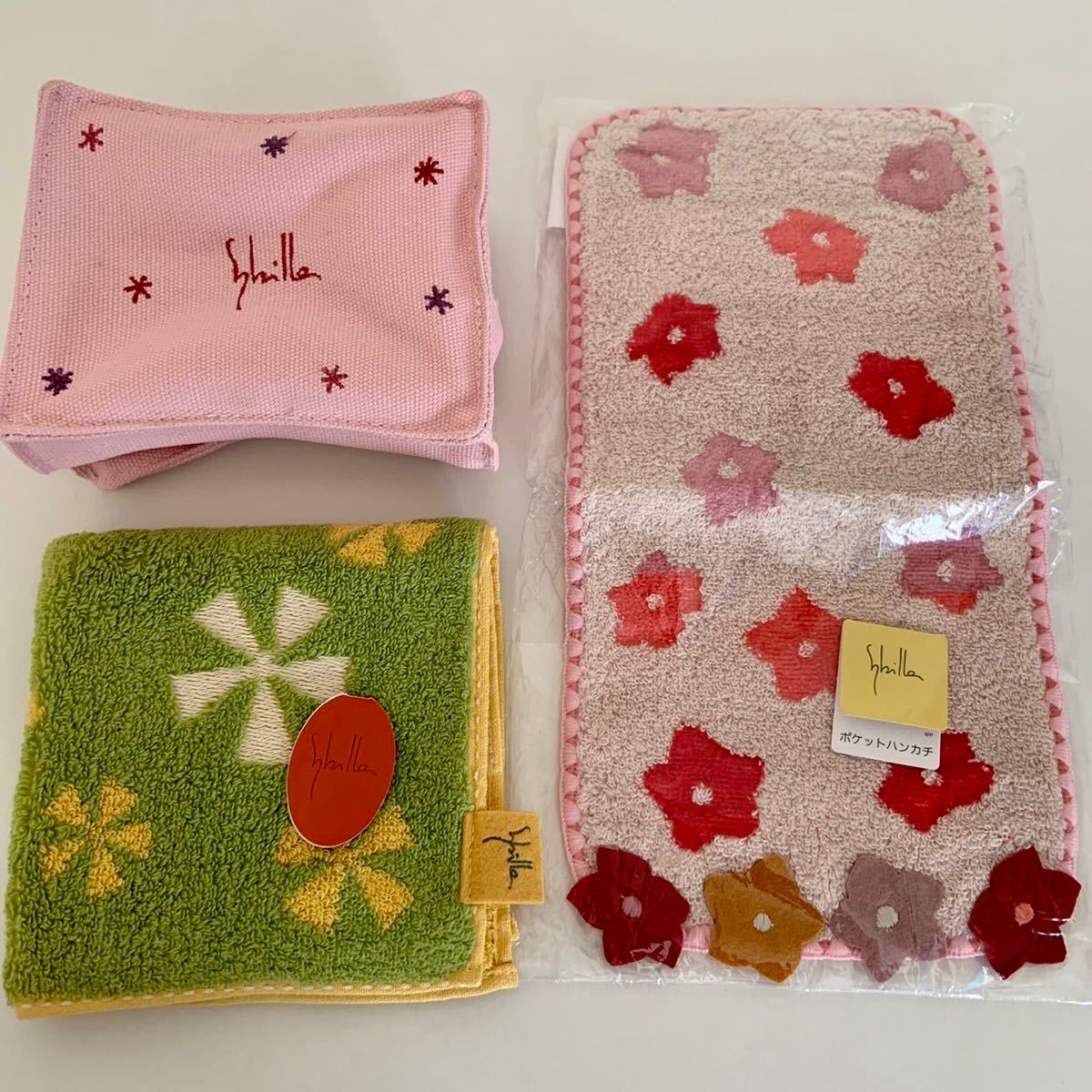 未使用 Sybilla シビラ タオルハンカチ & ポケットハンカチ & ケース 3点セット 花柄 ハンカチーフ コスメポーチ 小物入れ まとめ売り