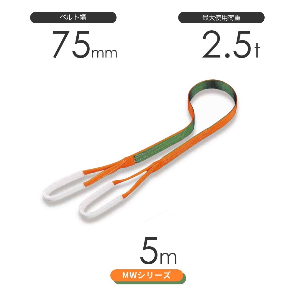 国産ナイロンスリング MWシリーズ（2色） 両端アイ形（E型）幅75mm×5m 使用荷重:2.5t 丸善織物