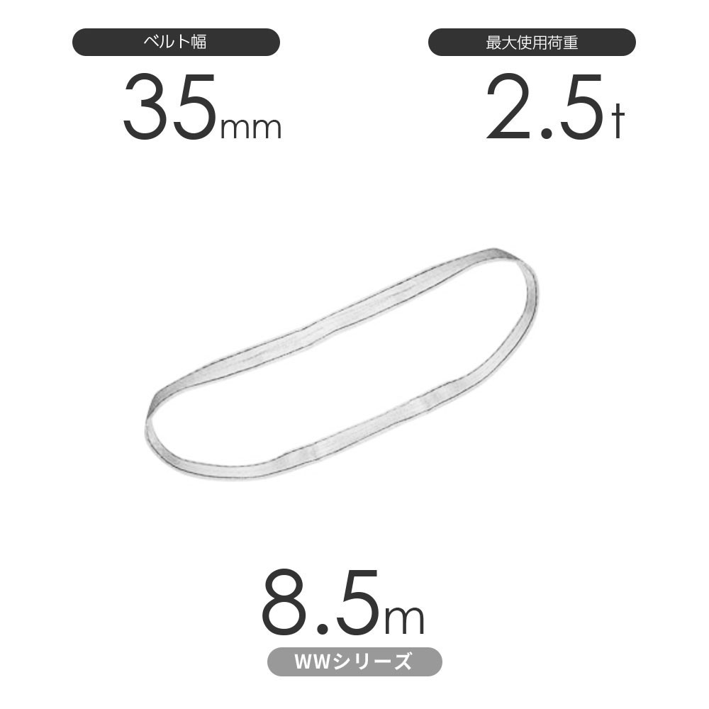 国産ナイロンスリング WWシリーズ（未染色） エンドレス形（N型）幅35mm×8.5m 使用荷重:2.5t 丸善織物