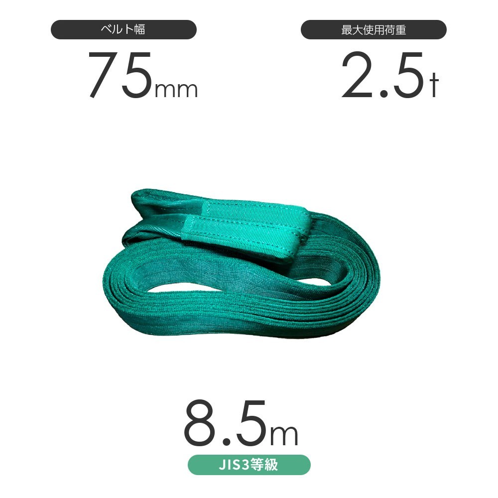 国産ポリエステルスリング AYスリング 両端アイ形（E型）幅75mm×8.5m 使用荷重:2.5t 緑色 ベルトスリング