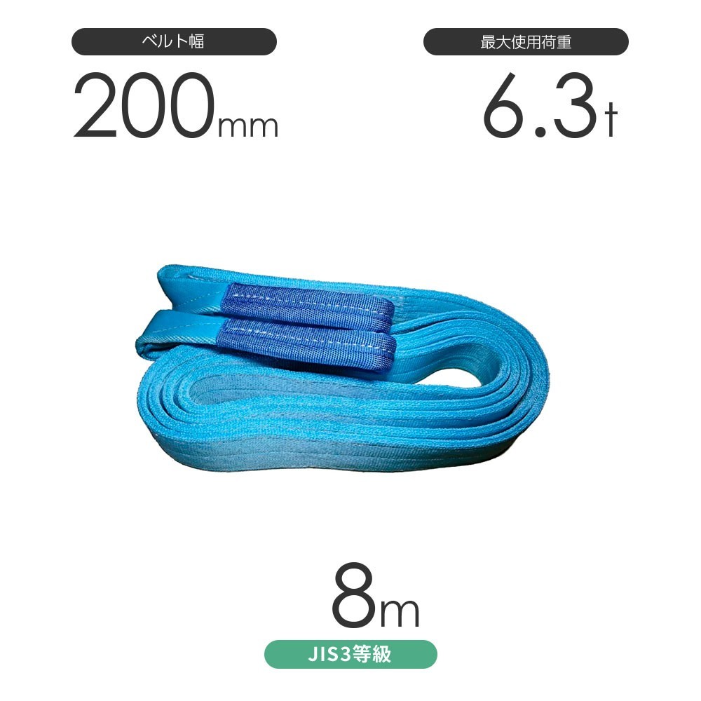 ビッグ割引 国産ポリエステルスリング ベルトスリング 水色 使用荷重:6.3t 両端アイ形（E型）幅200mm×8m AYスリング 工事用材料