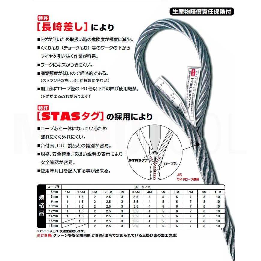 STAS トゲなしワイヤー 編み込み 9mmx5m 玉掛けワイヤー メッキ 1本_画像2