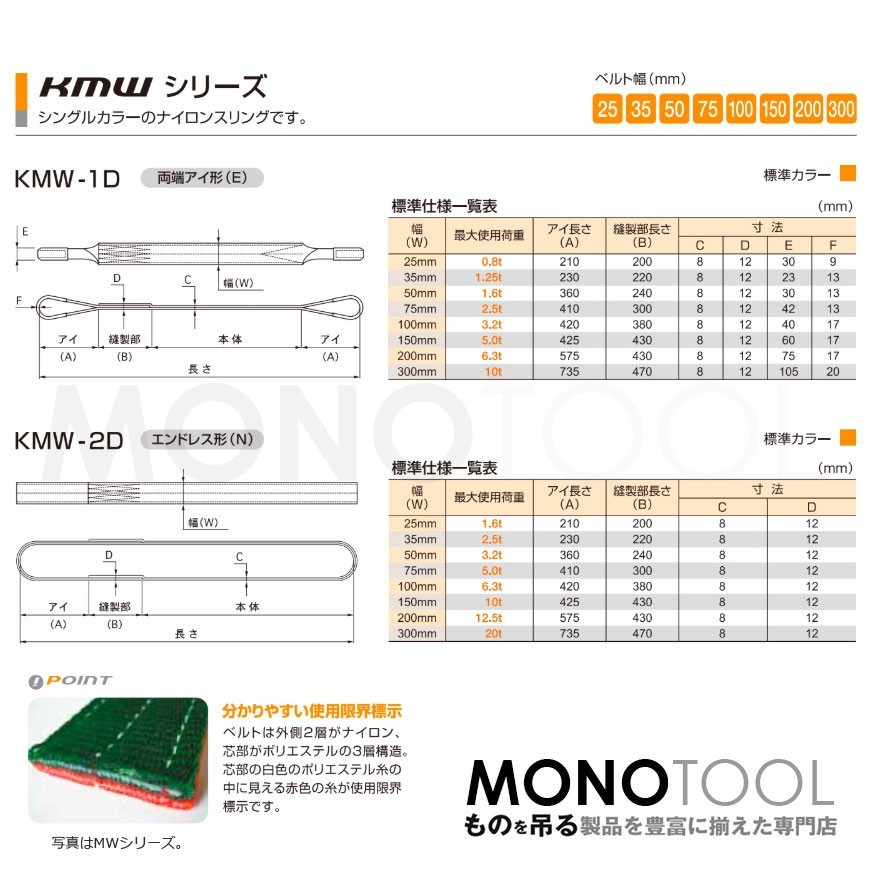 国産ナイロンスリング KMWシリーズ（1色） 両端アイ形（E型）幅300mm×5m 使用荷重:10t 丸善織物_画像2