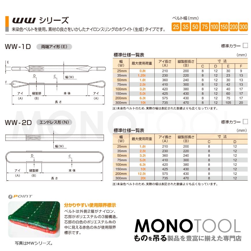 国産ナイロンスリング WWシリーズ（未染色） 両端アイ形（E型）幅25mm×3m 使用荷重:0.8t 丸善織物_画像2