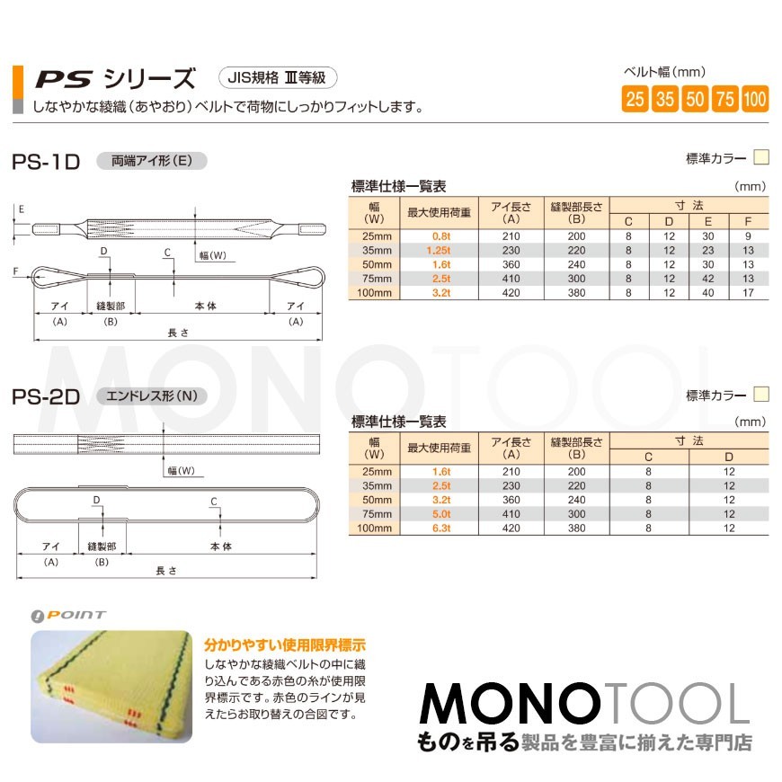 国産ポリエステルスリング PSシリーズ エンドレス形（N型）幅25mm×8.5m 使用荷重:1.6t 丸善織物_画像2