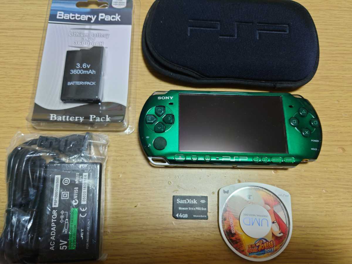 PSP 3000 グリーン 本体 バッテリー 充電器 メモリースティック 純正本体ケース パワフルプロ野球