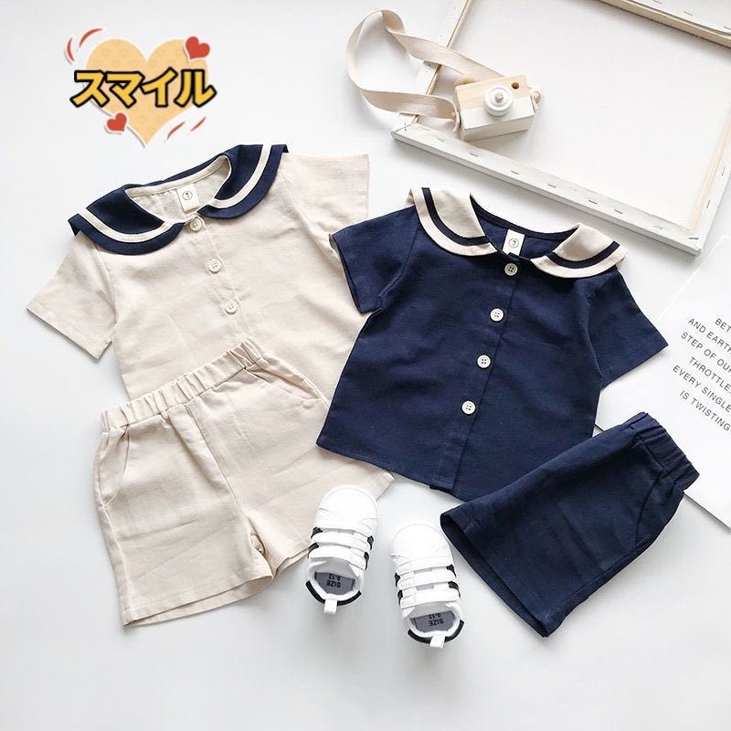  Kids setup sailor tops short pants man and woman use summer clothing beige 120