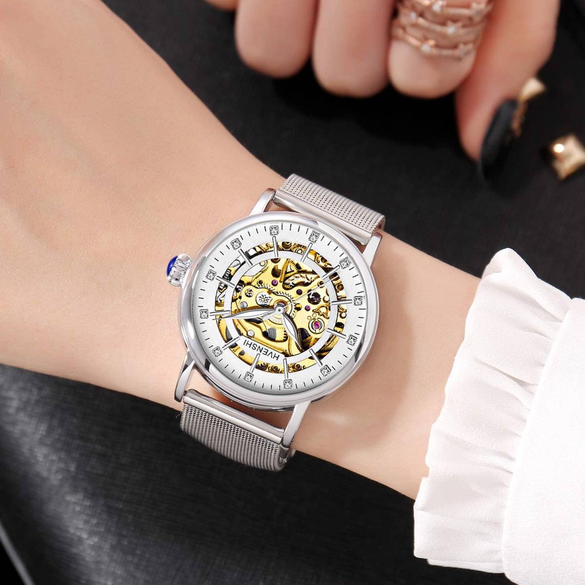 上質な 腕時計 自動巻き ホワイト 軽量 メッシュベルト レディース 
