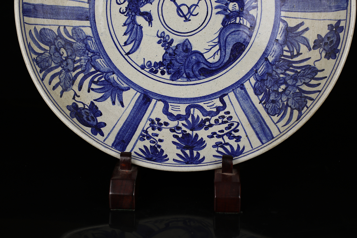 C7976 江戸時代 古伊万里染付 【東インド会社】 VOC鳳凰華図 大皿 42cm