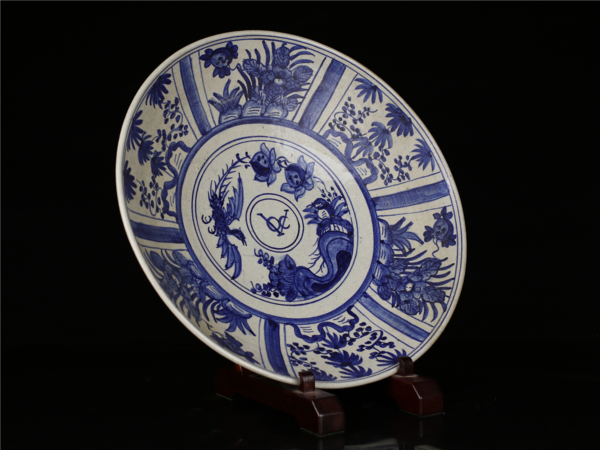C7976 江戸時代 古伊万里染付 【東インド会社】 VOC鳳凰華図 大皿 42cm