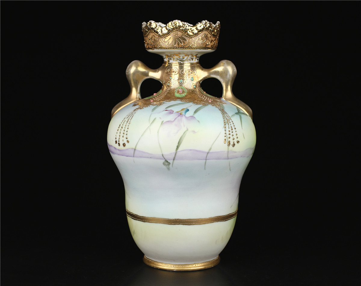 C7946 明治24年 【オールドノリタケ】 HAND PAINTED 金彩山水花卉宝石