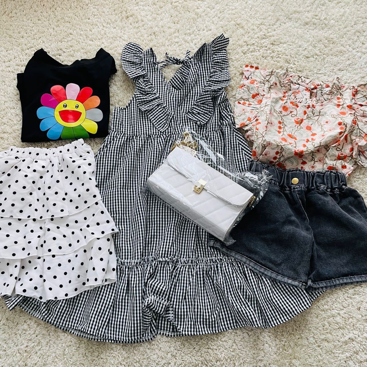 新品 未使用 韓国子供服 まとめ売り 女の子 キッズ トップス ワンピース 花柄 チェック ドット フリル ジーンズ