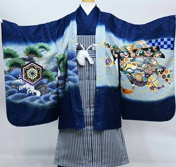 七五三 五歳 男児 羽織袴フルセット 綸子地 着物 竜王 濃紺地 鷹 縞袴