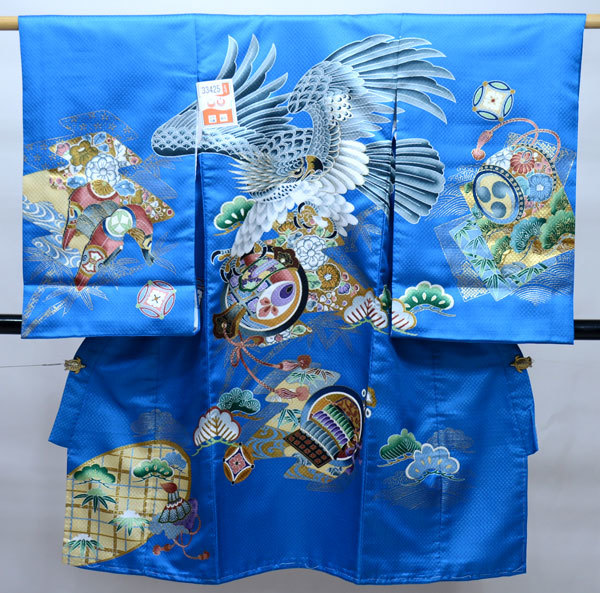 お宮参り 産着 男児 合繊 のしめ 祝着 綸子地 着物 一つ身 青 新品 (株