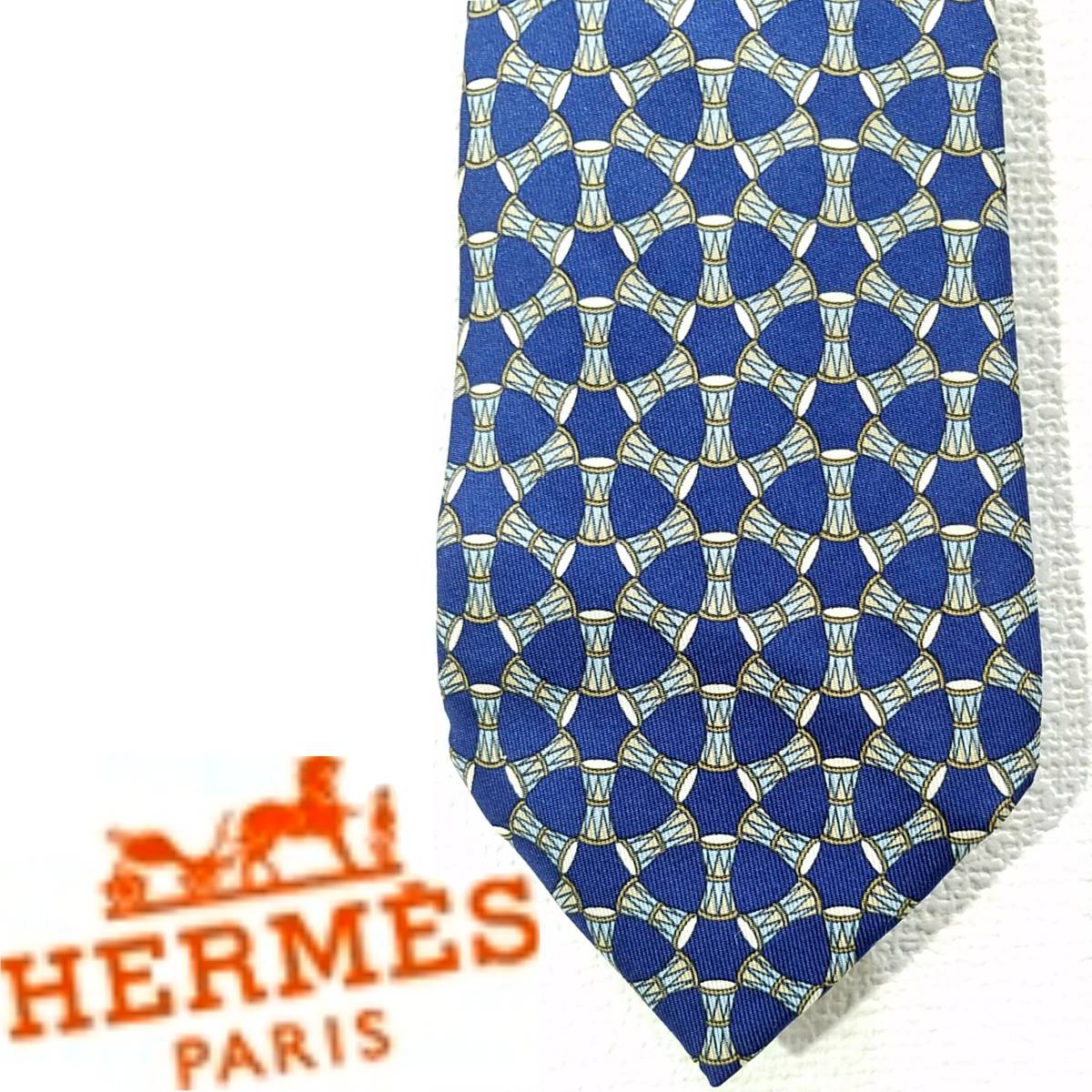 送料460円～HERMES太鼓柄シルクネクタイ ネイビーブルー幾何学模様アフリカドラム紺青Africa drumsフランス製メンズ絹100%エルメス_画像1