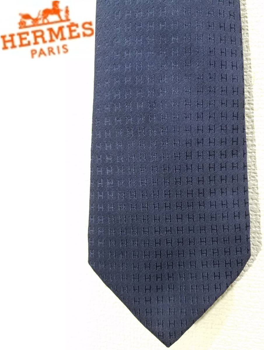  стоимость доставки 460 иен ~ HERMES H рисунок галстук темно-синий шелк 100% мужской темно-синий MADE IN FRANCE шелк монограмма SILK Hermes 