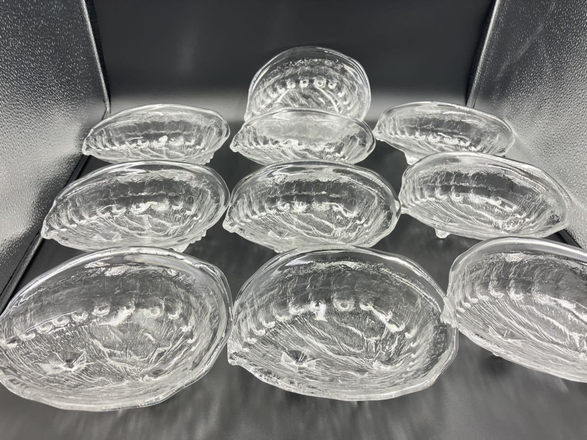 鮑型 ギヤマン ガラス 美品 日本料理 懐石料理 向付 刺身皿 10客 十客クリスタルガラス 和食器 昭和レトロ
