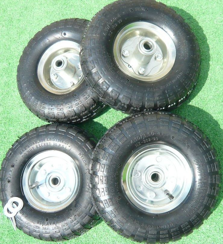 ◆4.10/3.50-4 ハンドトラック用260㎜交換用エアタイヤ4本 穴径16㎜ カート 台車 アルミカート 運搬車 コンテナカート 空気車輪