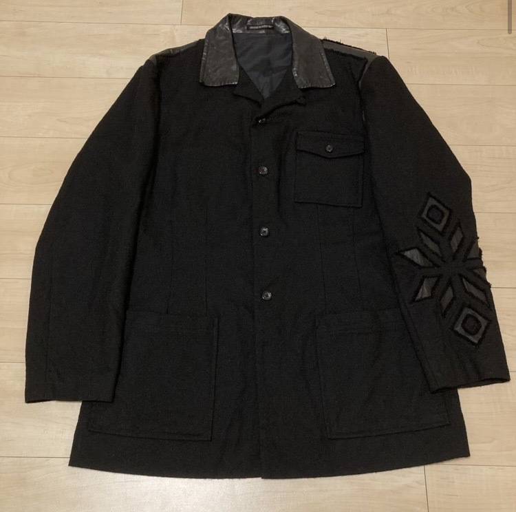 ☆Yohji Yamamoto POUR HOMME カットワークレザー切替ウールコート