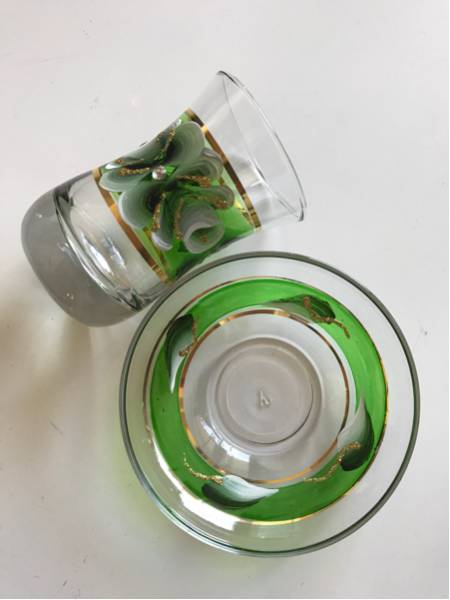 チャイグラス&ソーサー セット 手描き 花柄 グリーン トルコの画像2