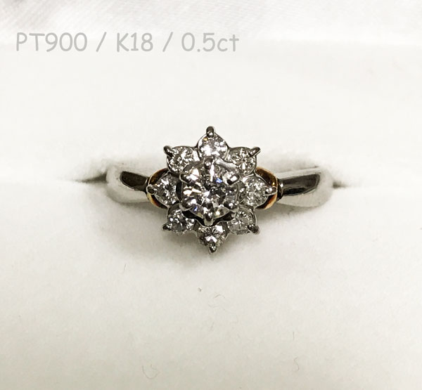 上品な輝き/大粒お花天然ダイヤモンド/PT900+K18/リング/8号/合計0.5ct