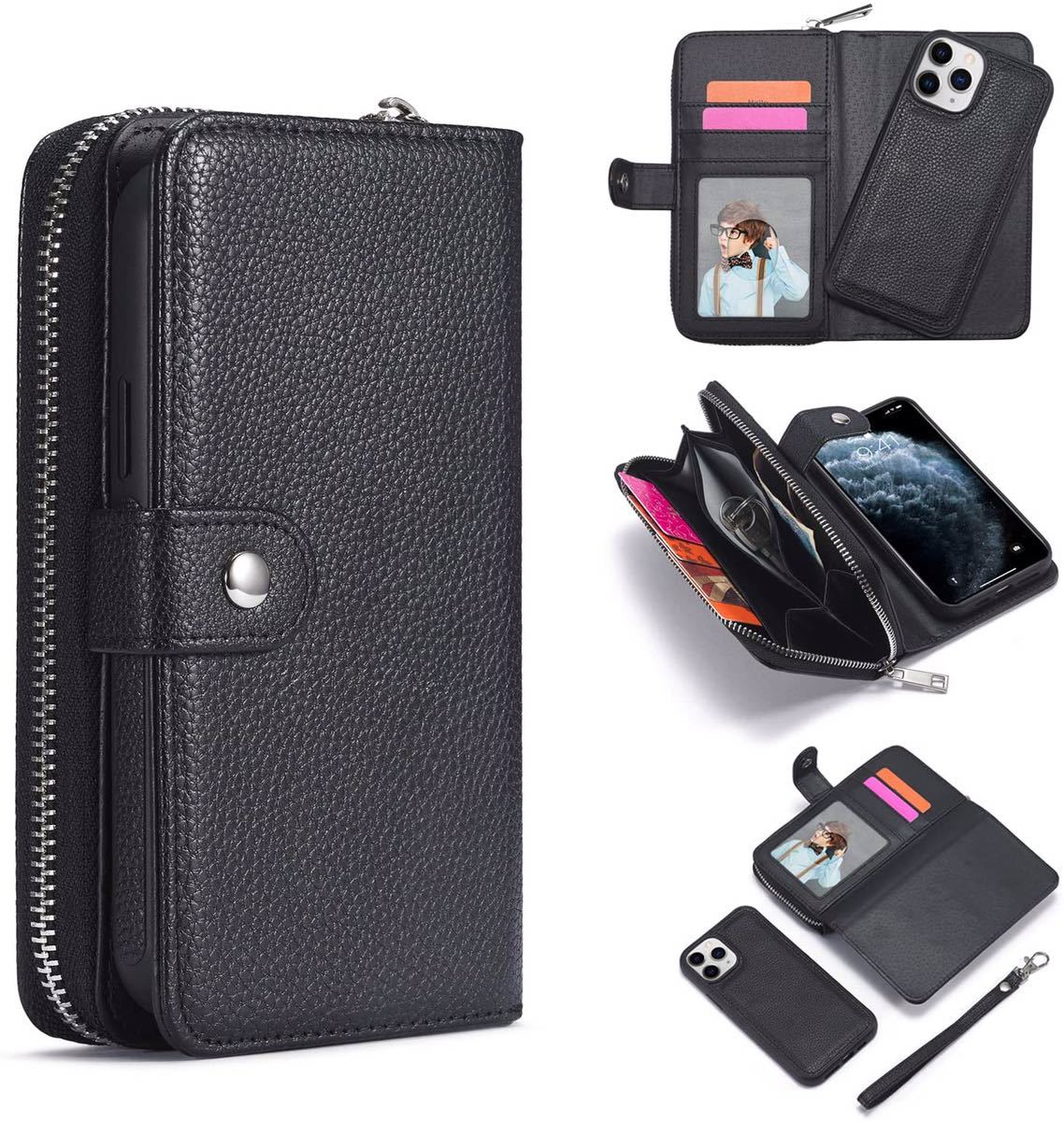 iPhone 13 Pro レザーケース アイフォン13 プロ ケース 手帳型 お財布付き カード収納 財布型 黒の画像8