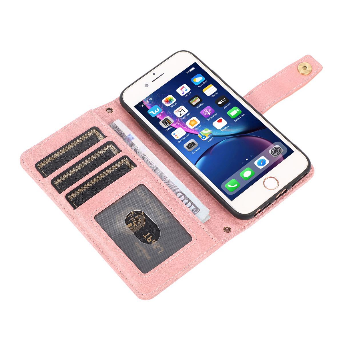 iPhone SE3 ケース iPhone SE2 レザーケース アイフォン7/8 ケース iPhone7 カバー 手帳型 カード収納 財布型 pink_画像6