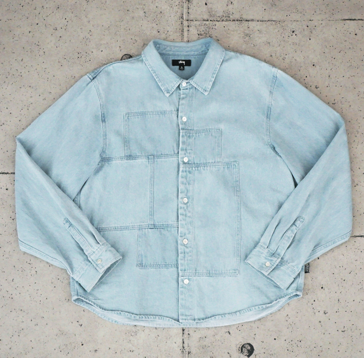 【送料無料】 STUSSY ステューシー WEBSTER DENIM SHIRT L.INDIGO ウェブスター パッチワーク デニムシャツ サイズXL_画像1