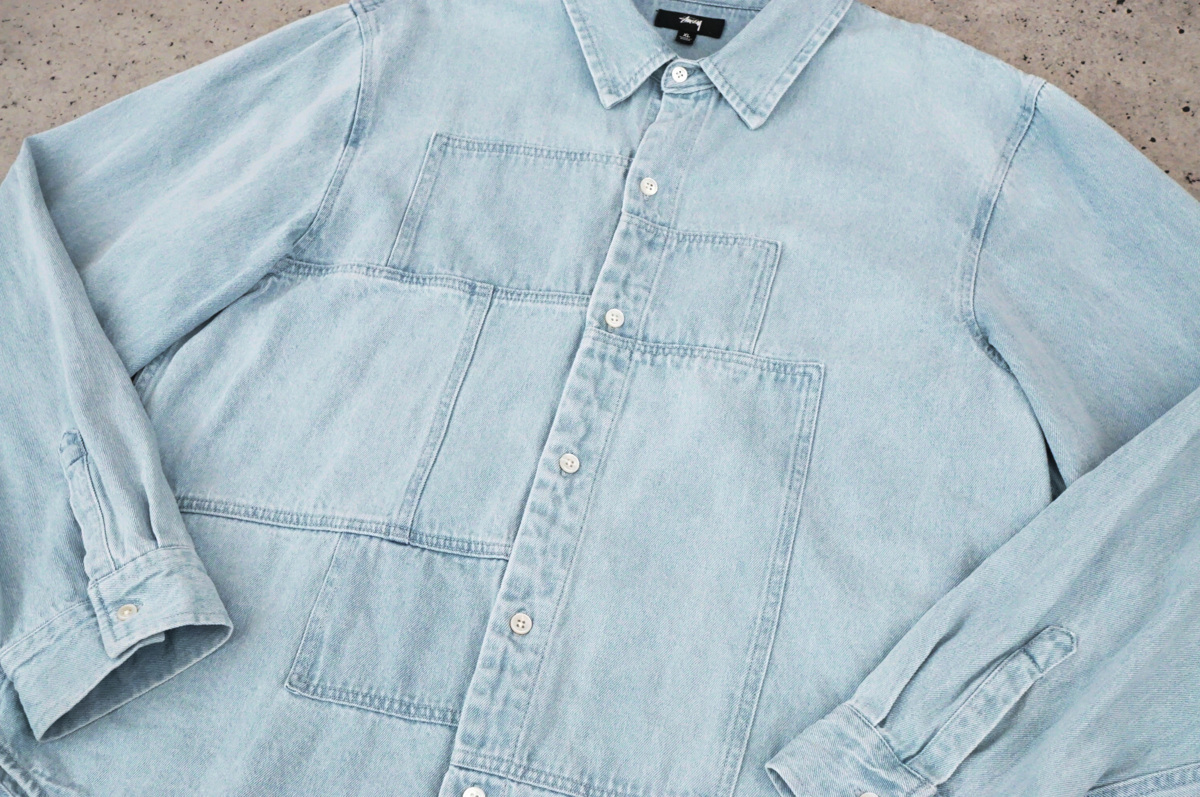 【送料無料】 STUSSY ステューシー WEBSTER DENIM SHIRT L.INDIGO ウェブスター パッチワーク デニムシャツ サイズXL_画像3