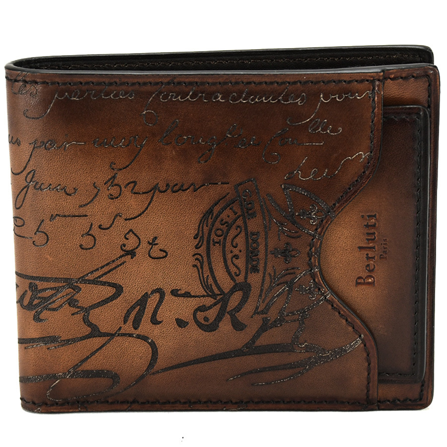 新到着 カリグラフィ BERLUTI ベルルッティ マコレ 新同品 メンズ 茶 ブラウン カードケース 二つ折り財布 ウォレット スクリットレザー 2in1 二つ折り財布（小銭入れなし）