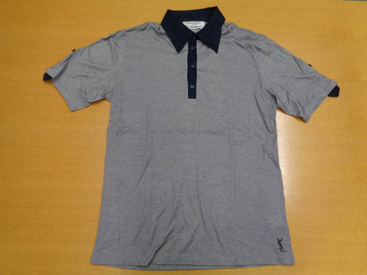 未使用! Yves Saint Laurent Rive GaucheのエレガントなS/S Polo Shirts イタリア製 SIZE L NAVY/WHTストライプ