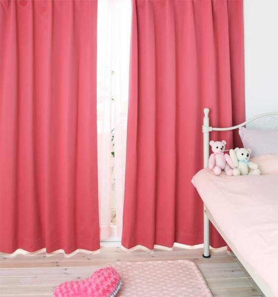 ドレープカーテン (幅150cm×高さ105cm)の2枚セット 色-コーラルピンク ...