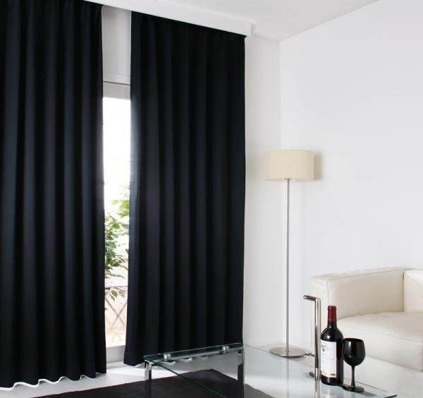 ドレープカーテン (幅150cm×高さ200cm)の2枚セット 色-ブラック /無地 ...