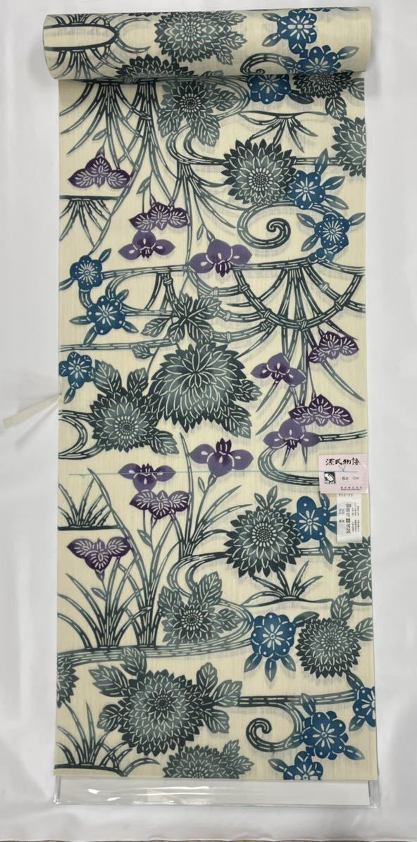 新品 ゆかた反物【源氏物語】紅型調ゆかた 綿/麻 菖蒲 菊 流水 四君子