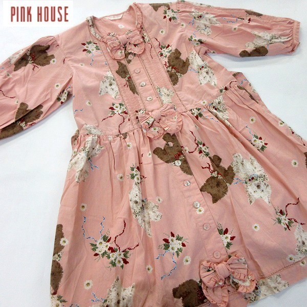 BABY PINK HOUSE/ベビーピンクハウス/長袖シャツワンピース/犬/テリア/リボン/肩パッド入り/花/子供/ピンク系/M[FC1765