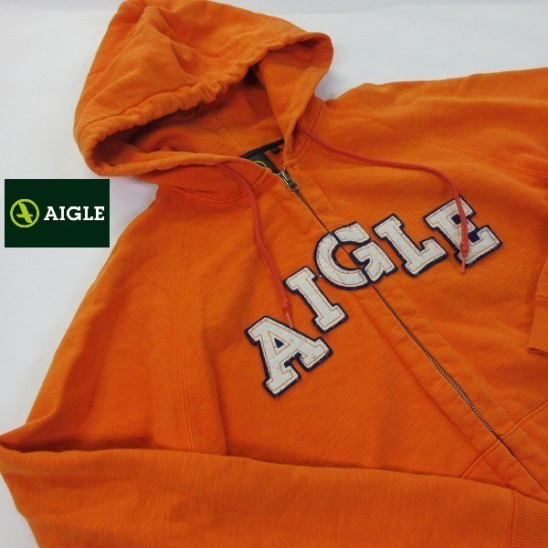 ☆AIGLE/エーグル/ビッグロゴ装飾 フーデッドパーカー フーディー ジップアップジャケット■オレンジL/オレンジ系/L[OS1578_画像1