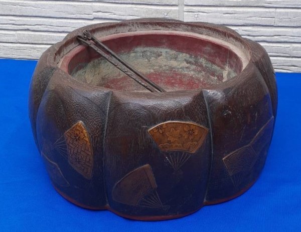 アンティーク◆火鉢◆扇面蒔絵◆アボタ形手焙◆木箱入り