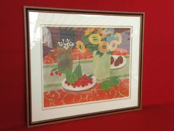 [ivu* gun n/ flower . still life / lithograph /(14/175)]R picture woodcut frame?