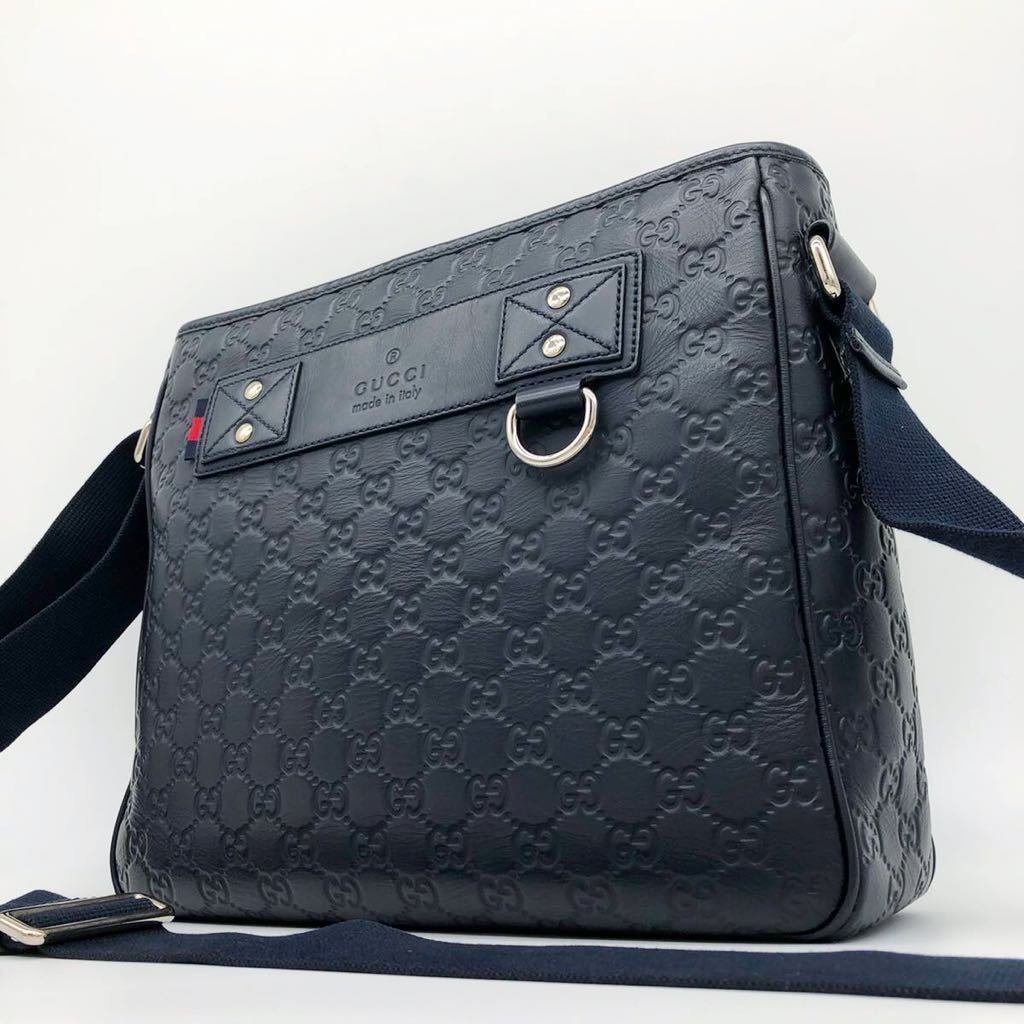 1円〜【美品】GUCCI メッセンジャーバッグ ネイビー 紺色 グッチ ショルダーバッグ シマレザー GG柄 メンズバッグ シェリーライン 大容量 _画像1