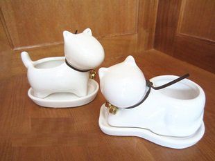 フラワーポット ミニ 鈴付き ネコ イヌ 白 陶器 2個セット 受け皿付き_画像1